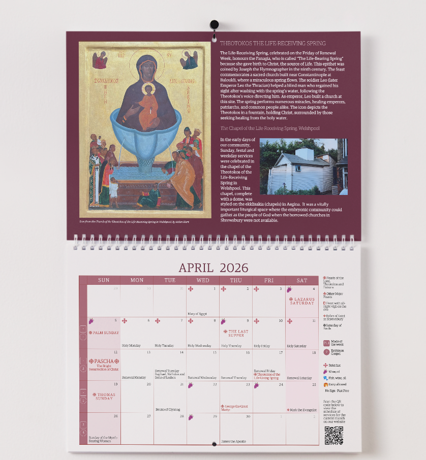 Calendar with religious icon and text on a white background